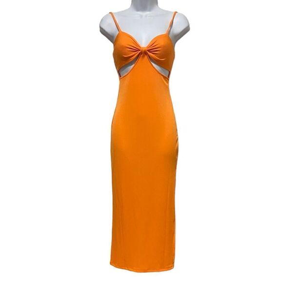 Morning Mist Orange Origami Ribbed Midi Cutout Dress With Slit Size US X… - Picture 4 of 13